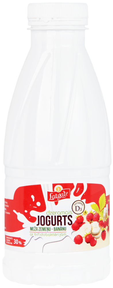 Wild strawberry-banana drinkable yogurt with vitamin D and bifidobacteria in a bottle